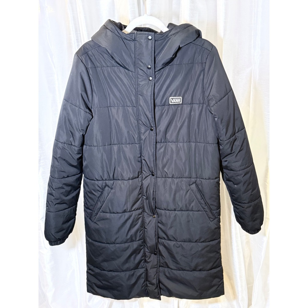 Vans Puffer Jacket Womens Medium Black Longline Hooded Quilted Parka Coat